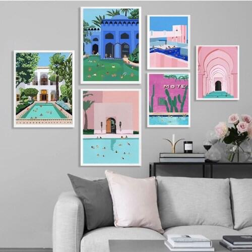 Morocco Travel Poster Swimming Pool Art Print Nordic Islam Arches Canvas Painting Modern Summer Wall Picture Living Home Decor