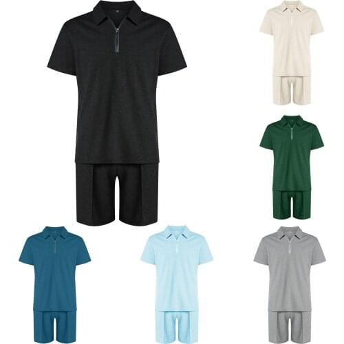 Men Casual Two-piece Clothes P o lo shirt Set P o lo Collar Short Sleeve Tops and Elastic Waist Shorts black dark blue