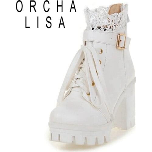 ORCHA LISA 2021 Ladies Ankle Boots Stweet Platforms Cosplay Zip Patchwork Belt Buckle Lace Up 9.5CM Block Heel Black White A4464