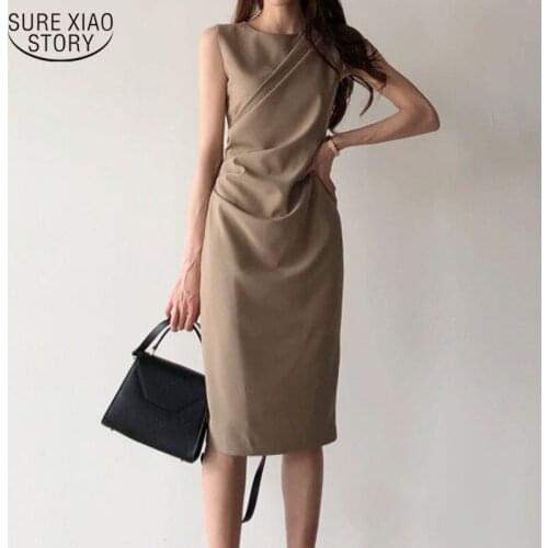 Solid Color Women Summer Dress Cotton O-Neck Slim Sleeveless Dress Temperament Casual Office Lady Buttock Dress Vestidos 13952
