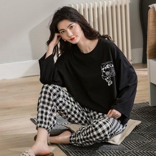 2021 Autumn 100% Cotton Long Sleeve Pajama Sets for Women Casual Plaid Sleepwear Suit Pyjamas Homewear Pijama Mujer Home Clothes