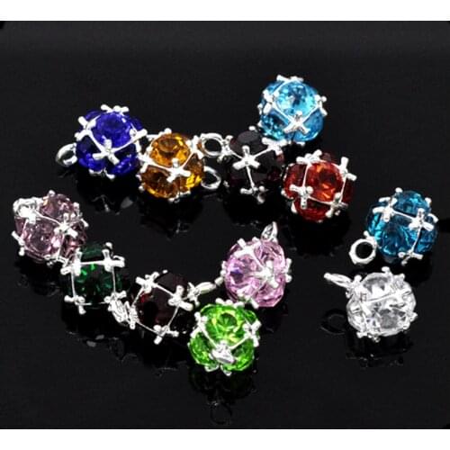 60Pcs Mixed Rhinestone Crystal Birthstone Silver Plated Copper Pendants For Necklaces Charms Jewelry 14x10mm
