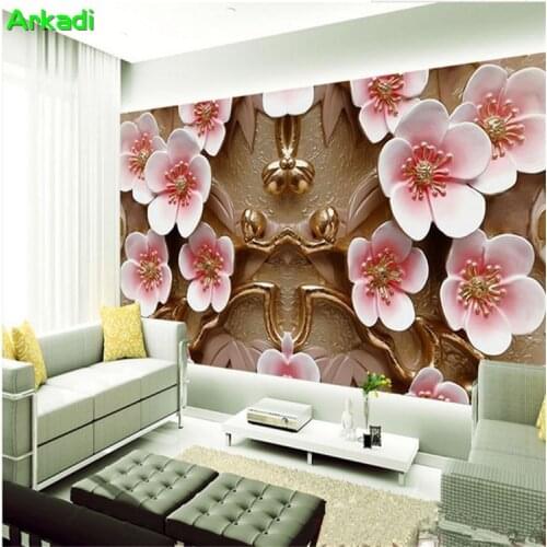 Custom embossed plum blossom 3D sofa TV background wallpaper living room bedroom dining room warm wallpaper mural