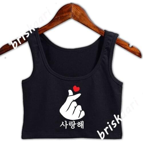 Saranghae Love Kpop Finger Heart Korean Crop Top Leisure Round Collar Fitness Design Spring Autumn Tank Top Comical Female Vest
