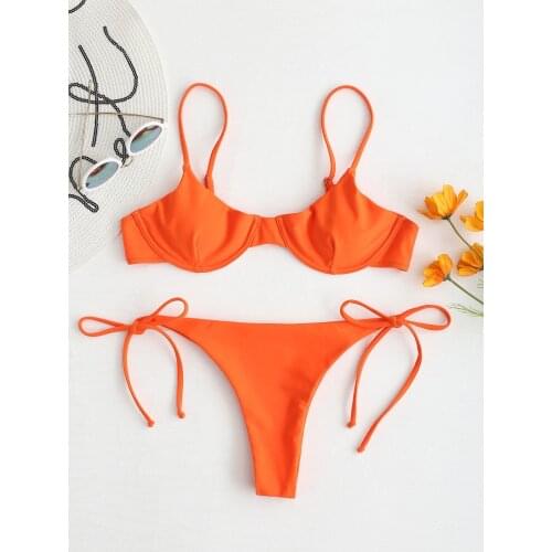 Sexy Neon Orange V-bar Underwired Bikini 2021 Women Ribbed Swimsuit Women High Cut Bandage Bathing Suit Thong Swimwear Biquini