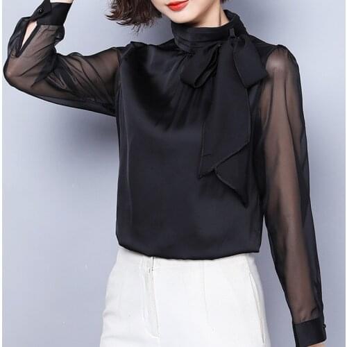 Bow Collar Chiffon Blouse Shirt Lantern Sleeve Tulle Sexy Transparent Sexy Blusa Plus Size 2020 New Casual Shirt Women Tops 631J