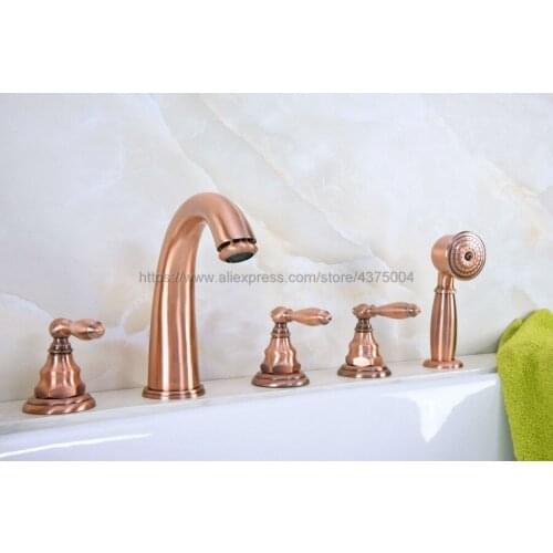 Bathtub Shower Faucets Antique Red Copper 5 hole Basin Sink Taps Three Handle Control with Hand Shower Ntf235