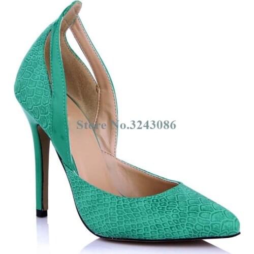 Green Snakeskin Hollow Out Thin High Heel Pumps Leather Shallow Stiletto Heel Pumps Spring New Arrival Two Pieces Shoes