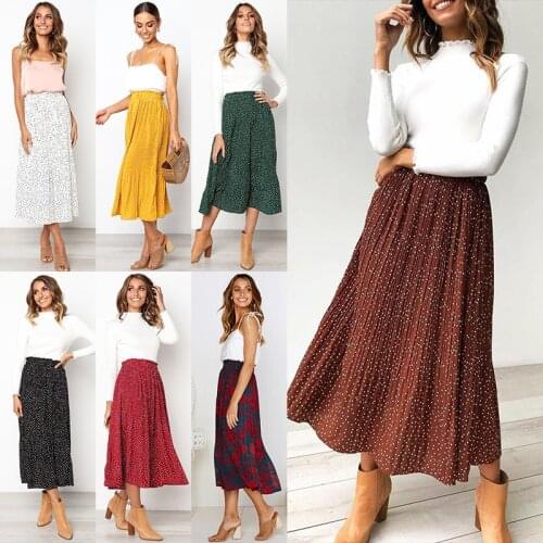 2020 Elegant Female White Dots Floral Print Pleated Midi Skirt Women Elastic High Waist Side Pockets Skirts Summer