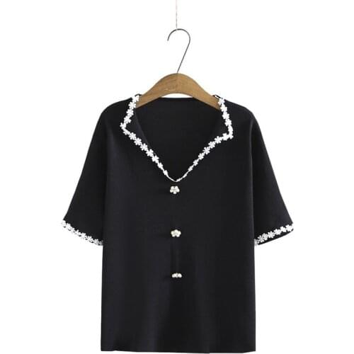 Plus Size XL-4XL White Black V-neck Knitted Tops Womens Slim Shirts Short Sleeve Officewear Summer Tshirts