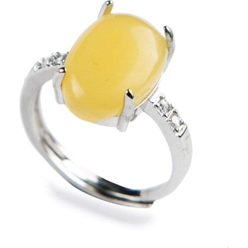 Genuine Natural Yellow Rare Round Crystal Bead Fashion Stering Sliver Adjustable Size Women Ring