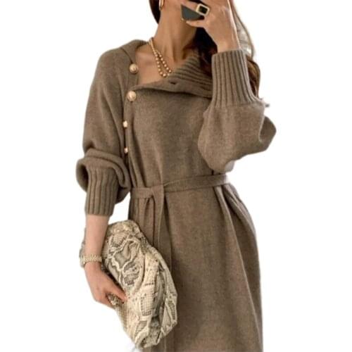 Japanese and Korean lace waist knitted dress autumn and winter eam loose and thin wild high neck long sweater women eam dress