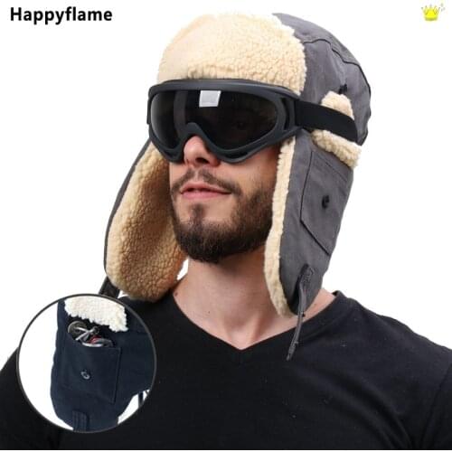 Winter Side Pocket Bomber Hats Lamb Wool Warm Earflap Russian Hat with Goggles Men Trapper Aviator Pilot Hat Ushanka Gorro Ruso