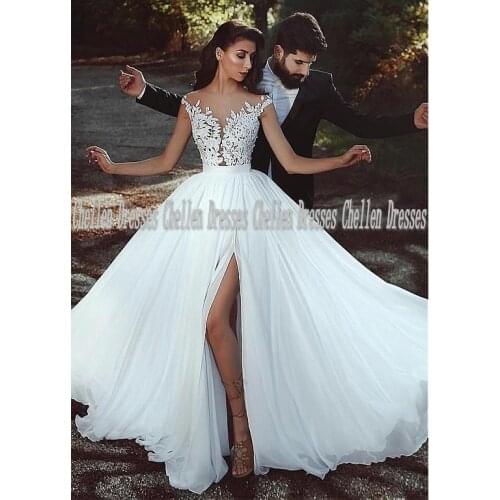 2021 New Elegant Graceful O Neck Cap Sleeve Lace Applique Sexy Side Split Illusion Backless Chiffon A-Line Boho Wedding Dress