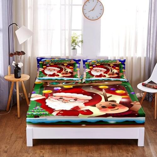 Christmas Digital Printed 3pc Polyester Fitted Sheet Mattress Cover Four Corners with Elastic Band Bed Sheet Pillowcases