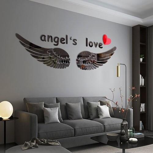 Large Size 3D Black Spread Wings Angel Love Shape Living Room Bathroom Adhesive Acrylic Mirror Wall Sticker Creative Home Decor