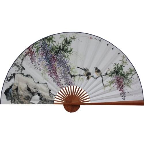 Large Folding Paper Fan Chinese Crafts Banboo Frame Background Decorative Fan Hanging Evening Wisteria Flowers And Birds