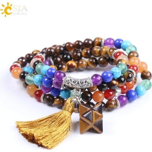 CSJA Natural 7 Chakra Tiger Eye Mala Beads Multilayer Femme Men Bracelets Bangles Bohemian Tassel Merkabah Energy Jewellery F198