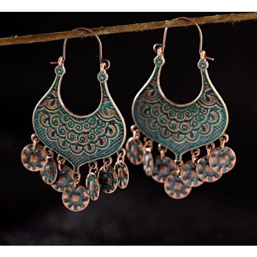 Ethnic Retro Green Carved Copper Earrings Boucle D’oreille India Jhumka Jhumki Tassel Bronze Carved Earrings Tibetan Jewelry