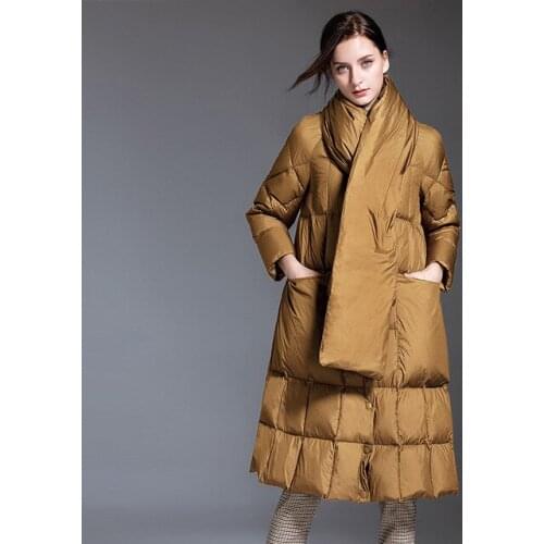 Europe winter skirt style 95% duck down coat with scarf female big pendulum over the knee thicker warm duck down jacket F134