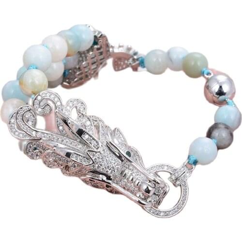 GG Jewelry 8" 8MM Multi Color Amazonites Bracelet Dragon CZ Pave Connector Handmade For Women