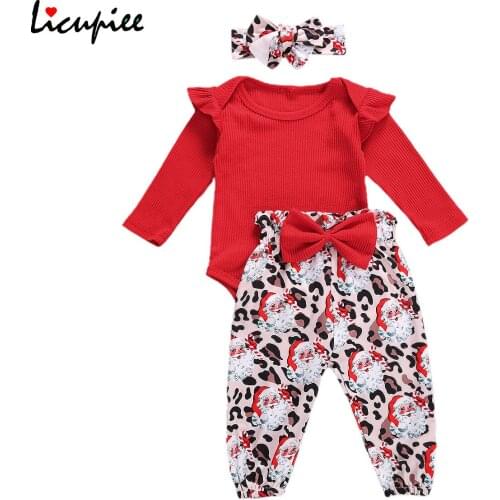 Three Piece Baby Girls Clothes Sweet Solid Color Long Sleeve Jumpsuit and Leopard Long Pants with Headband 0-24 Months