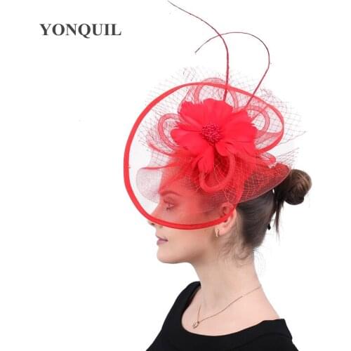 Red Big Wedding Women Hats Fascinator Headbands Ladies Fearher Hair Accessories With Headbands Derby Fedora Caps Elegant Party