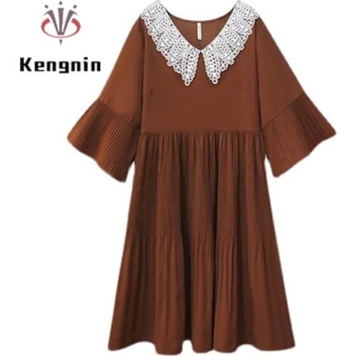 Summer Womens Dress 2021 New Loose Plus Size M-5XL Dresses Ladies Vestidos Patchwork Peter Pan Collar Pleated Robe Dress KE1483