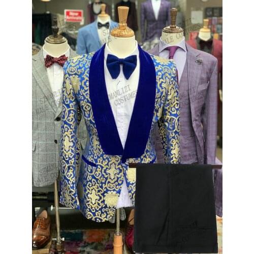 2021 Fashion Design Costume Homme Royal Blue Gold Floral Men Suits Wedding Groom Tuxedo Terno Masculino Slim Fit Blazer 2 Pieces