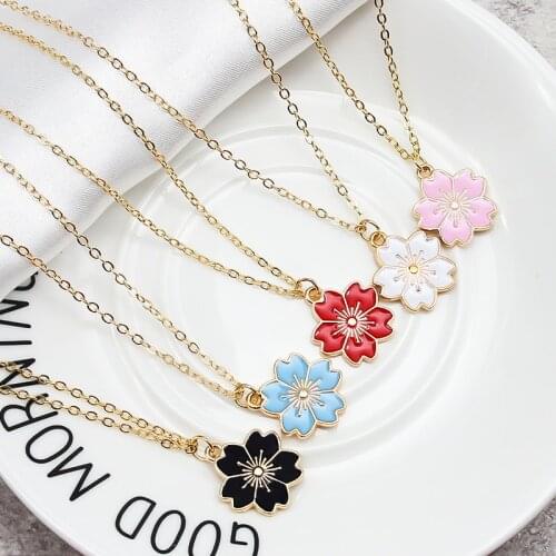 Cherry blossoms Necklace Black white red blue pink flower Pendant Necklace for Women Jewelry Gifts
