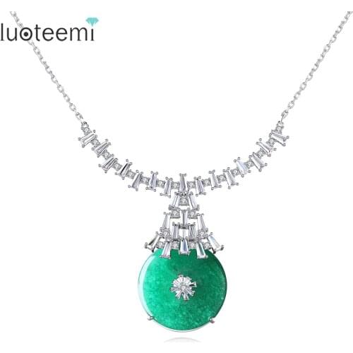 LUOTEEMI Round Emerald Green Color Pendant Necklaces for Women Vintage Colares Fashion Jewellery Dating Party Christmas Gifts
