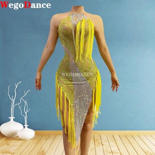 Sexy Yellow Crystal Fringes Latin Dress Women Birthday Celebrate See Through Mesh Dress Stage Costume Dance Outfit