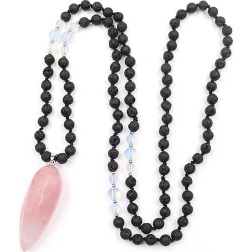 Silver Plated Handmade Weave Round Beads Chain Rose Pink Quartz Pendant Amethysts Stone Necklace Fashion Jewelry