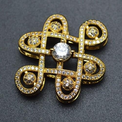 Gold Color Plating 28x33mm Paved Zircon CZ Beads Chinese Knot Union Charm Pendants Jewelry Links Connectors