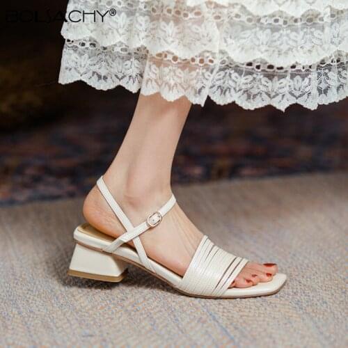 Sandals Woman Concise Style Narrowband Solid Beige Apricot Peep Toe Genuine Leather Ankle-Wrap Buckle Square High Heel Shoes