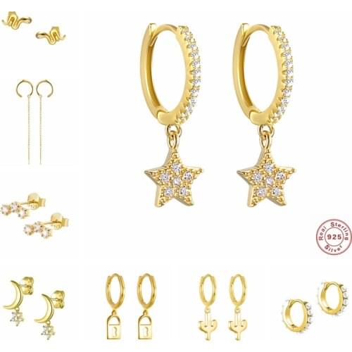 Real 925 Sterling Silver Earring For Women Girls Star Zircon Earrings Silver Gold Color Huggie Hoop Earring Oorbellen Gifts A30