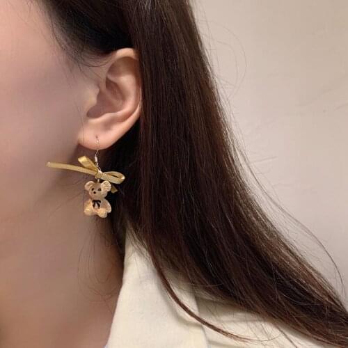 Cute Bear Silk Ribbon Earring Hook Raccoon Earring Clip Brown Fashion Gilr Women Jewelry