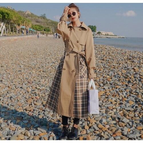 Women Trench Coat Long Double-Breasted Plaid Patchwork with Belt Spring Fall Windbreaker Lady Duster Coat Female Outerwear