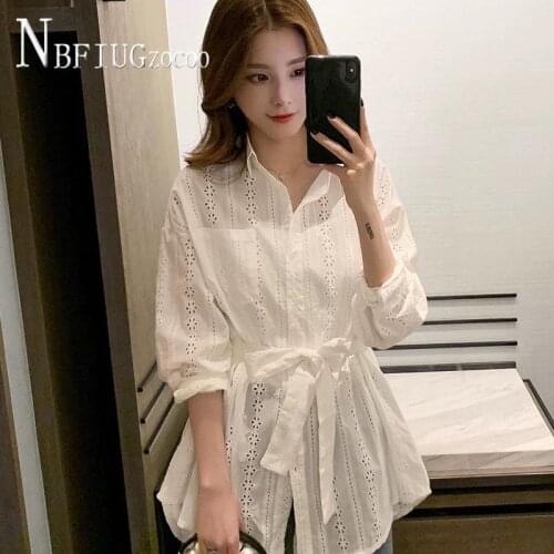 2021 Spring Summer Waist Strap Women Blouse Hollow Design Female Blouses