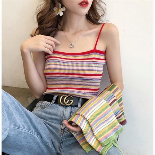 Summer Women T-Shirt Rainbow Striped T Shirt Sexy Sleeveless Tank Top Spaghetti Strap Top Plus Size Streetwear Vest Camisole 35