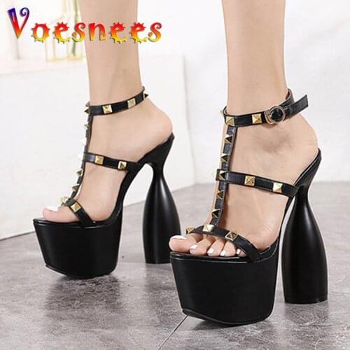 New Summer 16.5CM Super High Heels Roman Style Women Rivet Platform Sandals Chic Round Heel Sexy Hollow Out Party Wedding Shoes