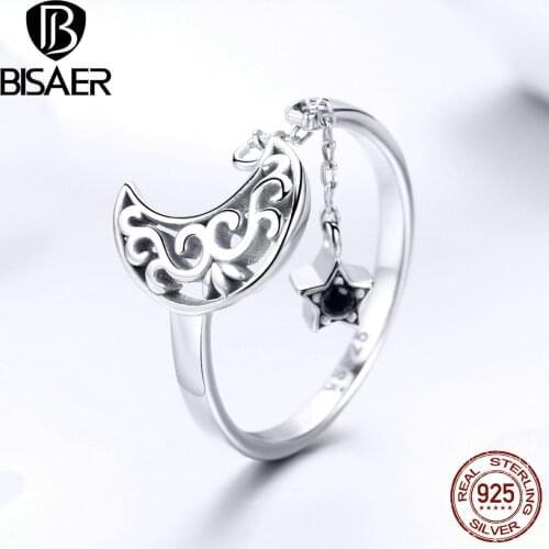 BISAER Hot Sale 925 Sterling Silver Black Zircon Moon Star Finger Ring Long Chain Star Rings for Women Anel Jewelry ECR479