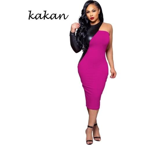 Kakan 2019 spring new womens dress sexy PU leather stitching long-sleeved dress red gray blue army green dress XL S-3XL