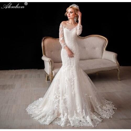 Alonlivn Chic Appliques Scoop Neckline Mermaid Wedding Dress Full Sleeve Bridal Gown Of V Back Vestido de novia