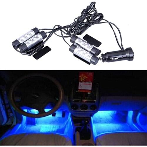 1Set Car Auto Interior Atmosphere Light Car Charge 12V 4 X 3 LED Glow Decorative 4 in1 Blue Light Foot Lamp Car Styling