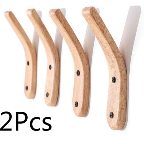 2Pcs Natural Wood Clothes Hanger Key Holder Wall Mounted Coat Hat Scarf Handbag Storage Hook Rack Home Decoration