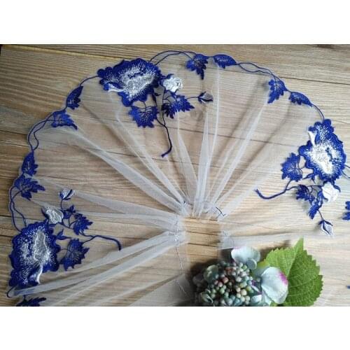 20Yards 18cm Mesh Blue Floral Embroidery White Appliques Lace Trim Ribbon Wedding Bride Headveil DIY Apparel Sewing Supplies