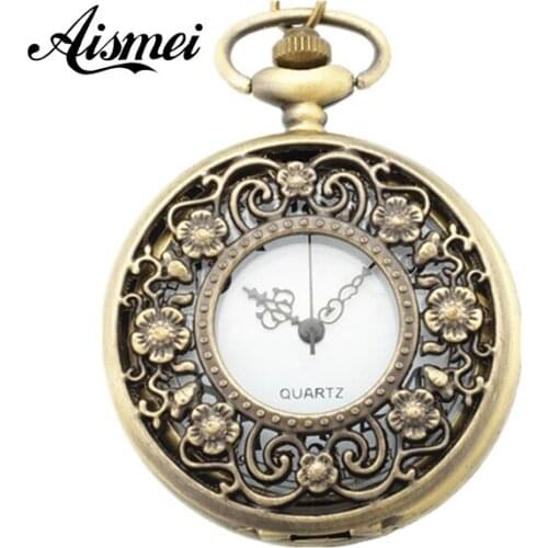 2018 Pocket Watch with Chain Pendant Four Flower Branches Leaves Pocket Watches for Women and Men Ladies Kids