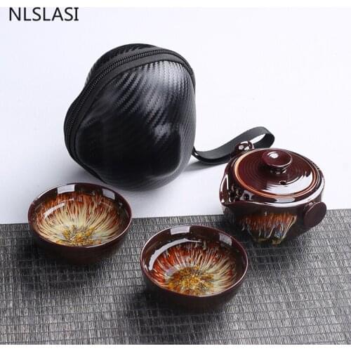 4 Pcs/set Traditional Kiln Change Ceramics Tea Set with Storage Bag Portable Travel Teapot Set Outdoor Drinkware Home Teaware