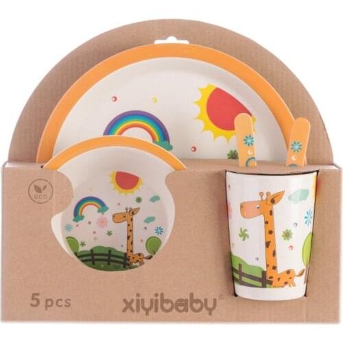 Childrens Tableware Five-Piece Suit disc Bamboo Plate Cartoons Set Of Dishes Plates Baby Tableware Bowl Cup Fork Spoon